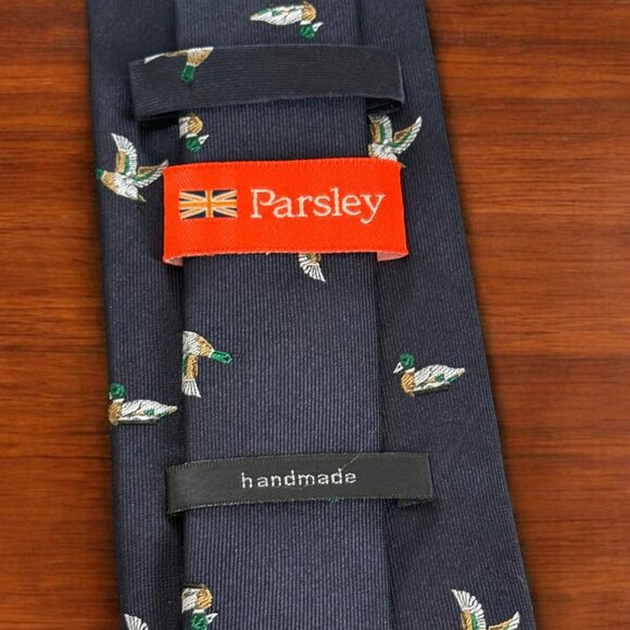 Handmade 100% Silk Men's Tie Deep Navy Blue with M.R. Ducks Mallards - Picture 4 of 5